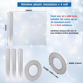 Frienda Window Insulation Kit for Winter, Each Roll 62 x 210" Indoor Window Plastic Insulation Kit with Double Sided Tape, Clear Shrink Window Covering Film(4 Roll)