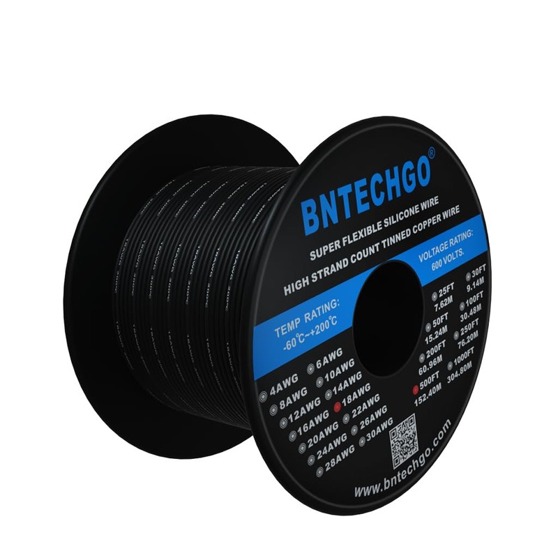 BNTECHGO 18 Gauge Silicone Wire Spool 500 ft Black Flexible