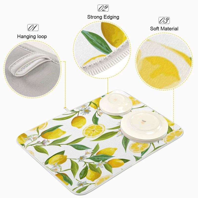 Lemon Flowers Dish Drying Mat for Kitchen, Absorbent Microfiber Drying
