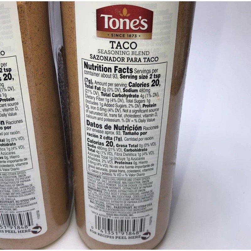 Tone's **2 Packs**Tone's Taco Seasoning ( 23 oz. Each) ~