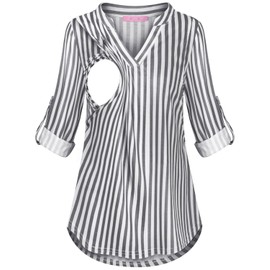 Joymom Pregnancy Shirts,Maternity Nursing Knits Blouse for Breastfeeding Moms Cuffed Sleeve Baggy Flattering Striped Tops Fall Clothing Great with Postpartum Leggings Grey and White Stripe 3XL