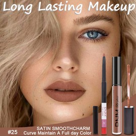 2pcs Rose-Beige Lip Liner and Lipstick Makeup Set, Nude Matt Liquid Brown Lipstick 24H Waterproof Long Lasting Matt Lip Kit (#25)