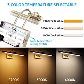 LEONLITE 3CCT Dimmable LED Picture Light, 2700K/3000K/4000K Selectable, CRI90 Swivel Full Metal Picture Frame Light for Wall Art, Painting, Artwork, Portrait, Plug-in & Hardwired, Antique Brass