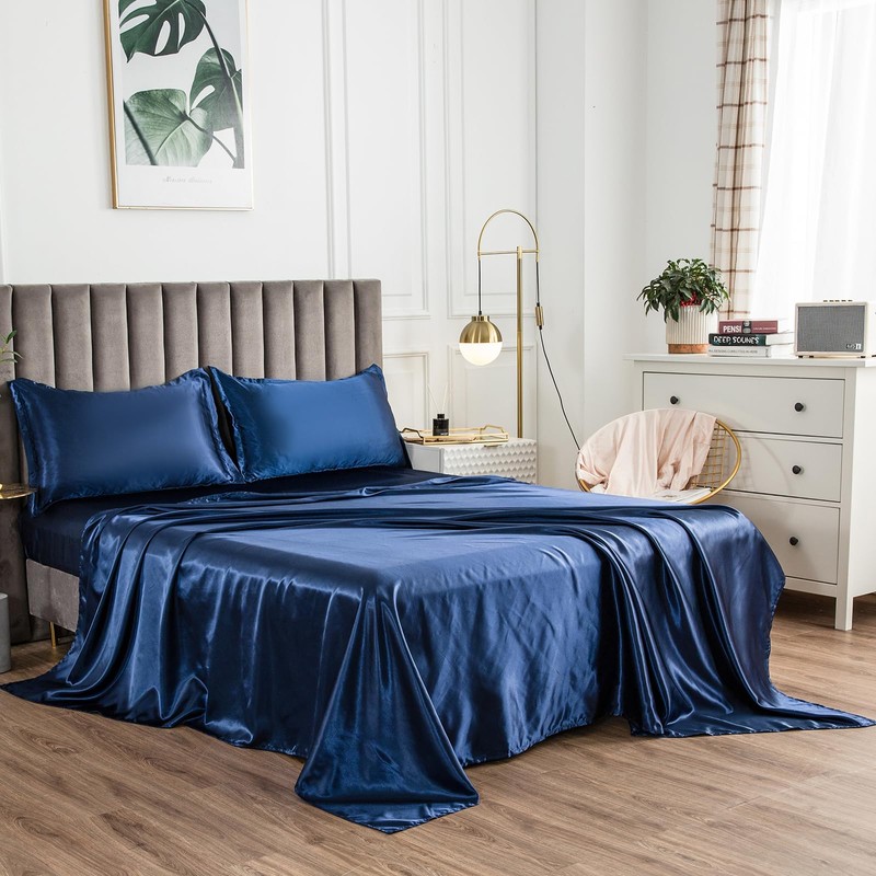 Morbuy Double Fitted Sheet Satin Silk Bed Sheets, Navy Blue