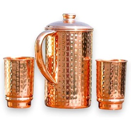 Pure Copper Hammered Pitcher with Lid - 1500ml/50 Oz Jug & 2 Copper Glass Tumblers, Drink More Water | Stay Hydrated & Enjoy Health Benefits