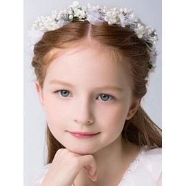 Denifery Flower Girls Headpiece Flower Headband Artificial Crystal Pearl Hair Vine Bride Rhinestone Wedding Headband for Women Girls Toddler Wedding Party Photography (Ivory)