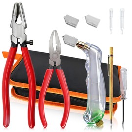 10pcs Heavy Duty Glass Cutting Tool Kit, Curve Jaw Glass Running Pliers Breaker Grozer Pliers, Pencil Style Oil Feed Carbide Tip Glass Cutter for Stained Glass Mosaics Mirror Tiles Breaking