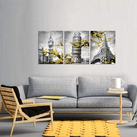 DuoBaorom 3 Pieces Famous Architecture Wall Art Leaning Tower of Pisa Eiffel Tower Big Ben Plum Flower Yellow and Grey Building Artwork for Bedroom Living Room Ready to Hang 12x16inchx3pcs