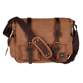 Cole Wheeler Canvas Messenger Bag with leather trim, Olive, 15.3 x 4.33 x 12.2 inches