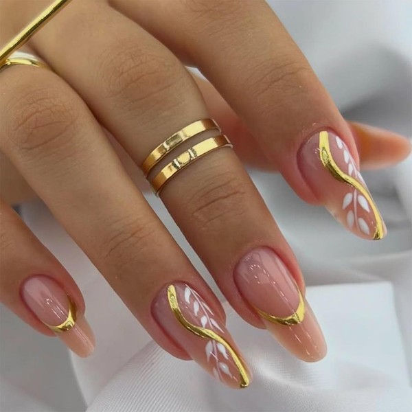 SINHOT Almond Press on Nails Medium Fake Nails Glossy Glue