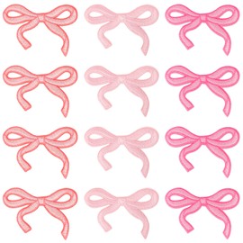 loghohu 12Pcs Bow Patches Bow Iron on Patches Embroidery Bow Patch DIY Bow Patches for Clothes Sew on Patches Pink Bow Knot Embroidery Appliques for Clothing Bags Hats Jackets Jeans Backpacks