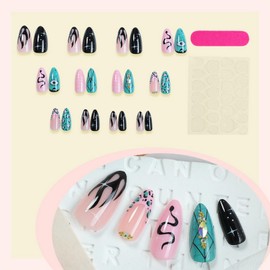 24Pcs Almond Press on Nails Medium Length Fake Nails Glue-Free False Nails with Leopard Eye Snake Pattern Design Green Pink French Tip Nails Press ons Full Cover Reusable Artificial Nails for Women