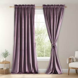 JIUZHEN Lavender Velvet Curtains 96 inch Length Thermal Insulated & Noise Reducing Rod Pocket Blackout Curtains for Living Room, 52W x 96L, 2 Panels with Tiebacks
