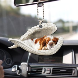 Talataca Cavalier King Charles Sleeping Angel Wing Memorial Dog 2D Flat Car Rear View Mirror Accessories Christmas Tree Ornament Decoration Hanging Charm Interior Rearview Pendant Decor Gift
