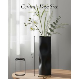 OOSTONEE 11 Inch Black Matte Ceramic Vase – Tall Flower Vase, Modern Geometric Decorative Accent for Living Room, Shelf, or Coffee Table