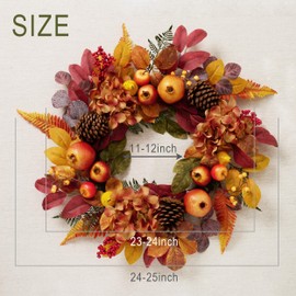 DecorbyHannah Fall Wreaths for Front Door, 24 inch Pre-Lit Autumn Wreath with Golden Boxwood Pinecone Pomegranate Leaves for Harvest Thanksgiving Home Wall Window Indoor Outdoor Decor