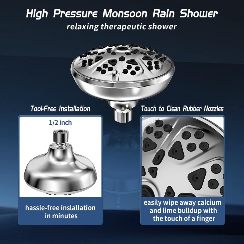 High Pressure Shower Head with 10-Setting Modes, 360° Adjustable Metal