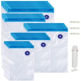 YOUNGSAY Pack of 20 Vacuum Bags Travel, Travel Vacuum Bags Made of Plastic, Vacuum Bags Reusable with Vacuum Hand Pump, for Storage Food and Clothes (Transparent, 5 Sizes)