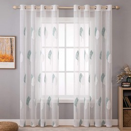 MIULEE Leaves Embroidery Sheer Curtains Grommet Window Curtain Semi Voile Drapes Panels with Eyelets Window Treatments for Living Room Bedroom Big Leaves Blue 2 Panels 55" W x 96" L