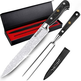 MOSFiATA 8" Carving Knife & 7" Fork Set - Premium Meat Cutting Knife, German High Carbon Stainless Steel EN.4116 BBQ Knives for Slicing Meats, Fruits & Vegetables