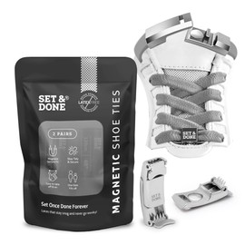 Set & Done No Tie Shoelaces – 2 Pairs Flat Elastic Shoe Laces with Magnetic Lock for Adults & Kids (Grey)