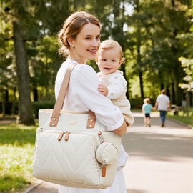 Lekesky Diaper Bag Tote - Lightweight Puffy Baby Diaper Bags for Mom with Pacifier Case Changing Pad, Large Tote Travel Hospital Bag for Labor Delivery (Beige)