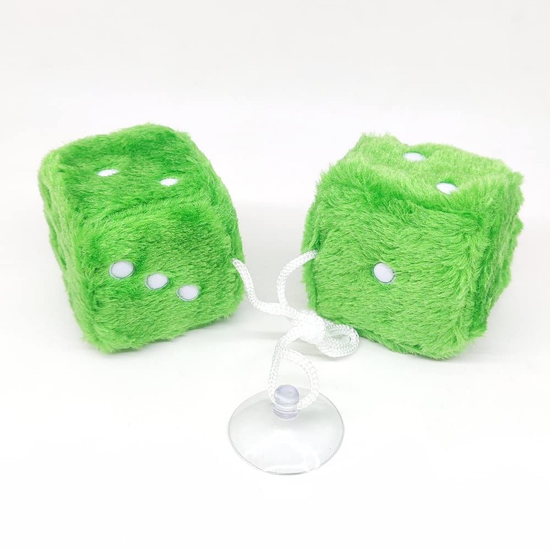 Pair 2.4”of Green Retro Mirror Fuzzy Plush Dice Car Pendants,Interior