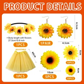 Women's Sunflower Costume, Tutu Skirt Yellow Tulle Skirt + 1 Pair of Sunflower Dangle Earring + Sunflower Headband Hair Accessories + 25 Pieces Sunflower Flower Heads for Carnival Theme Party Cosplay,