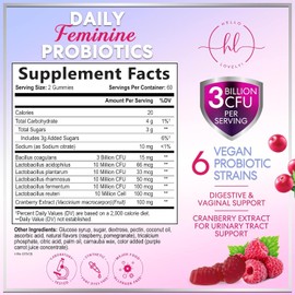 Hello Lovely! Gomitas probióticas con arándano para mujeres: 6 cepas premium para equilibrar el pH, la salud digestiva y el apoyo vaginal e inmunitario. 3 mil millones de UFC. Probióticos para mujeres