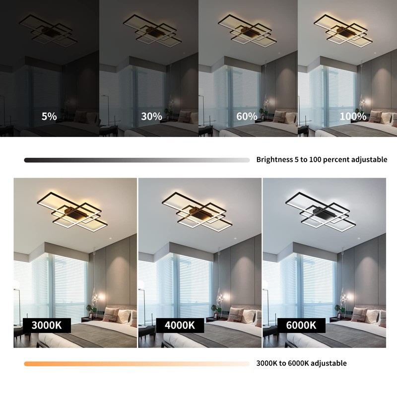 GEADI Modern LED Ceiling Lights, Black Dimmable Rectangular Chandelier 68W