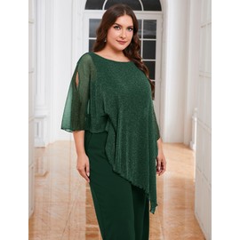 ZOMVA Plus Size Mother of The Bride Pant Suits Dressy 2 Piece Sparkly Mesh Asymmetric Cape Set Wide Leg Outfit with Pockets, Sparkly Green, 3X
