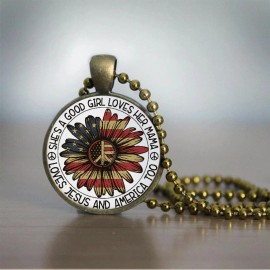 sterling silver American Flag Daisy Flower Round Pendent Necklace