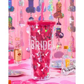 xo, Fetti Pink Confetti Bride Rhinestone Plastic Tumbler - 24 oz | Bachelorette Party, Bride to Be Gift, Bridal Shower Supplies, Engagement