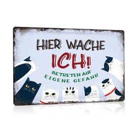 Set of 5 Cat Retro Tin Sign Sayings 20 x 30 cm - Vintage Cat Rules Sign with Funny Saying - Achtung Cat - Hier WACHE ICH - Metal Sign Poster Gift for Cat Lovers