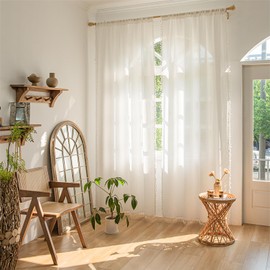 Setaback White Boho Curtains 2 Panels Set for Bedroom 84 Inch Long with Tassels, Semi Blackout Linen French Country Farmhouse Decor Rod Pocket Window Drapes for Living Room, 52" x 84", 2 Panels