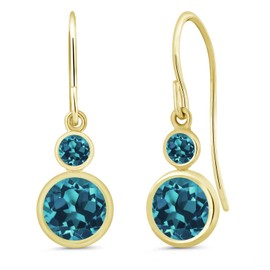 Gem Stone King 14K Yellow Gold London Blue Topaz Drop Dangle Earrings For Women (1.76 Cttw, Gemstone November Birthstone, Round 6MM and 3MM)