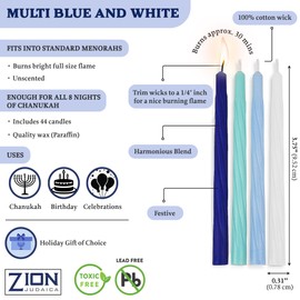 Hanukkah Menorah Candles Box of 44 Multi-Blue with Prayer Card - Spiral Style Quality Wax Chanukah Candles - Fits Most Menorahs – Enough for All 8 Nights - Bulk Hanukkah Candles by Zion Judaica