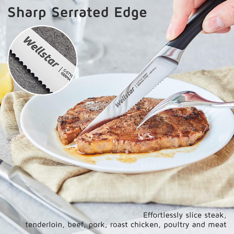 WELLSTAR Steak Knives Set of 8 with Wood Block, 4.75