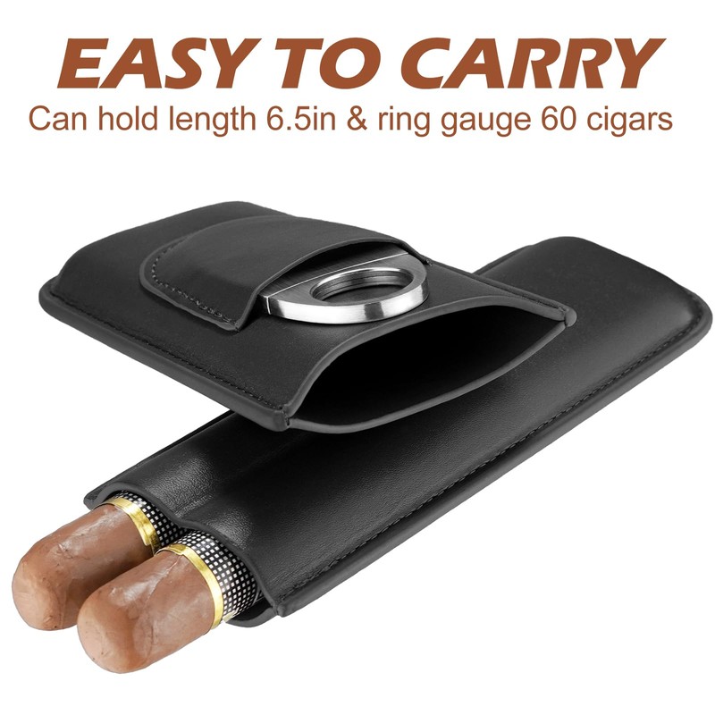 cgaplus 2-Finger Leather Cigar Case with Cutter Leather Lined Cigar