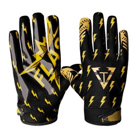 TAQCHA Thunder Football Gloves - Tacky Grip Skin Tight Football Gloves - Pro Elite Super Sticky Receiver Football Gloves - Adult & Youth Sizes (Black, Adult - Medium)