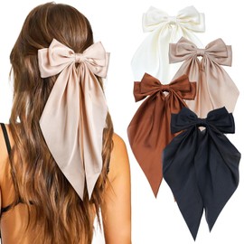 4 Pcs Hair Bows for Women Big Ribbon Bows for Hair Long Tail Bow Hair Clips Cute Hair Barrettes Hair Accessories for Girls (Black + Beige + Khaki + Curry)