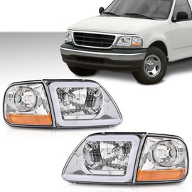 GRAND ORANGE LED Tube Headlights & Corner Parking Lights Compatible with 1997-2002 Ford Expedition /1998-2004 Ford F150 / 1997-1999 F250 Clear Lens Chrome Housing Amber Reflector Headlights