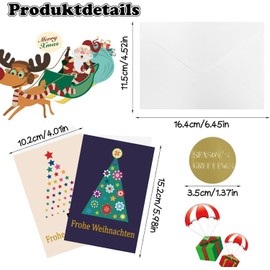 DERAYEE Pack of 16 Christmas Cards, 15.2 x 10.2 cm Folding Cards with Envelopes, Christmas Postcard for Christmas Gifts Merry Christmas