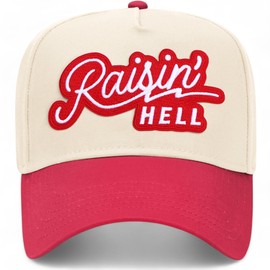 Raisin' Hell Embroidered Patch Vintage Trucker Hat | Premium Snapback Baseball Hat for Men & Women (US, Alpha, One Size, Red/Natural)