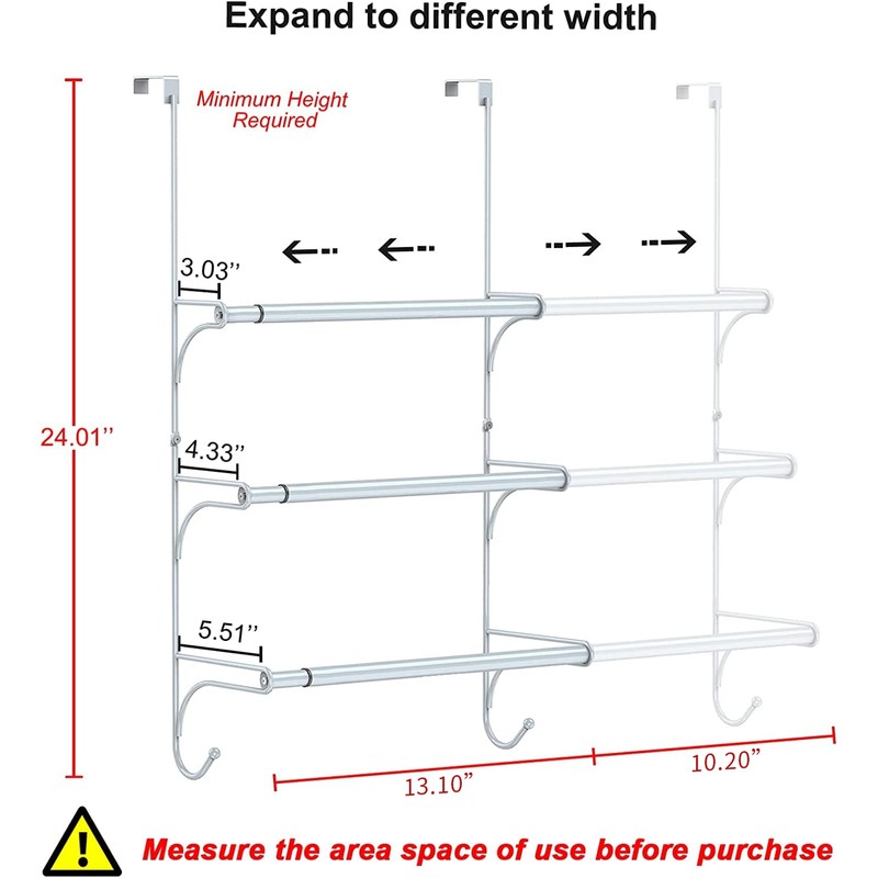Auledio Adjustable Over The Door Triple Towel Rack with Hooks,Silver