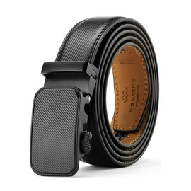 Marino Men’s Genuine Leather Ratchet Dress Belt With Automatic Buckle, Trim to Fit Enclosed in an Elegant Gift Box - Indented - Deep Charcoal - Adjustable from 38" to 54" Waist