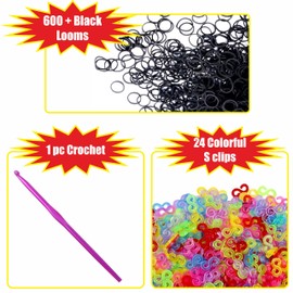 MEDA 600+ Black Rubber Band Bracelet Kit, Loom Bracelet Making Refill Kit with Hook Tool and Colorful S Clips, DIY Friendship Bracelet Making Kit Rubber Band for Kids Christmas
