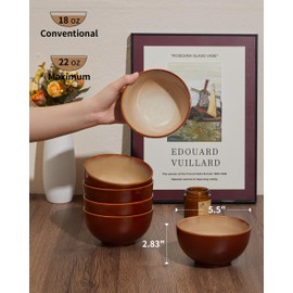 Pokini Reactive Glaze Bowls Set of 6, Microwave and Dishwasher Safe Bowls, Stoneware Soup Bowls, Kitchen Bowl Set for Cereal Soup Rice Pasta Salad Oatmeal, Brown and Yellow