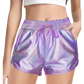 Haloumoning Girls Metallic Shorts Sparkly Dance Outfits Elastic Drawstring Shiny Hot Short Pants 5-14 Years