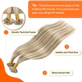 Full Shine U Tip Hair Extensions Human Hair Color 16P22 Blonde Highlighted Keratin Bond Human Hair Extensions 18 Inch Natural Remy Hair Fusion Extensions 50g/50s